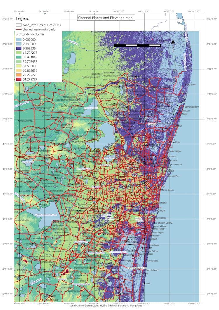 harta e përmbytjes në Chennai