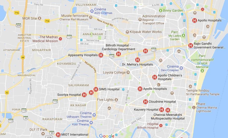 harta e Chennai Spitalet 